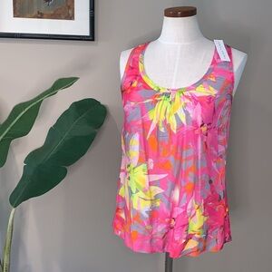 NWT Trina Turk Bright Pink Racer Back Tank Top Blouse, Tropical Floral, Size S
